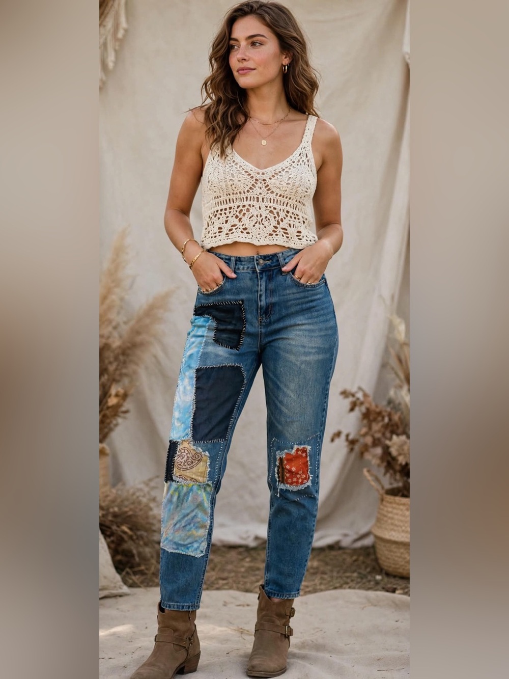 Upcycled patchwork mom jeans boho festival one of a kind